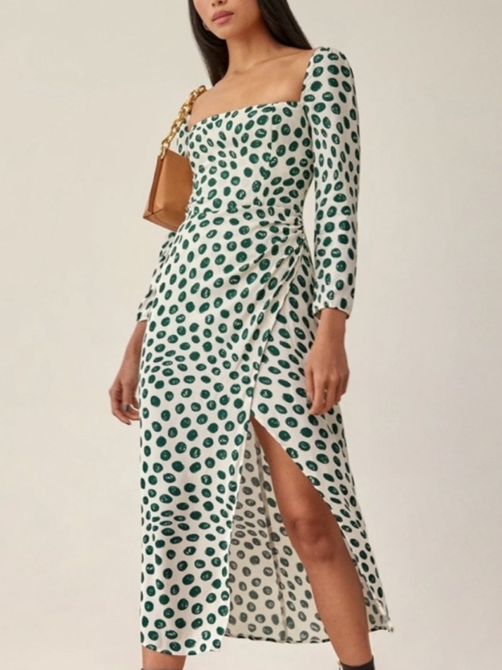 Reformation Hilda Green Dot Wrap Midi Dress